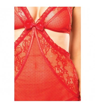 LEG AVENUE CONJUNTO 2 PIEZAS CHEMISE TIPO DELANTAL CON CINTA SATeN Y TANGA ROJO